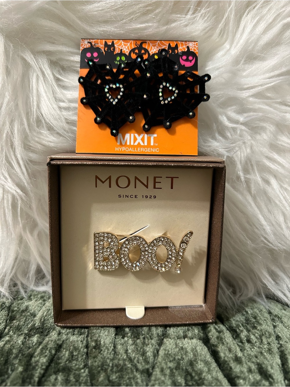 NWT Monet Gold-tone BOO! Rhinestone Pin & MIXIT Spiderweb Heart earring Bundle